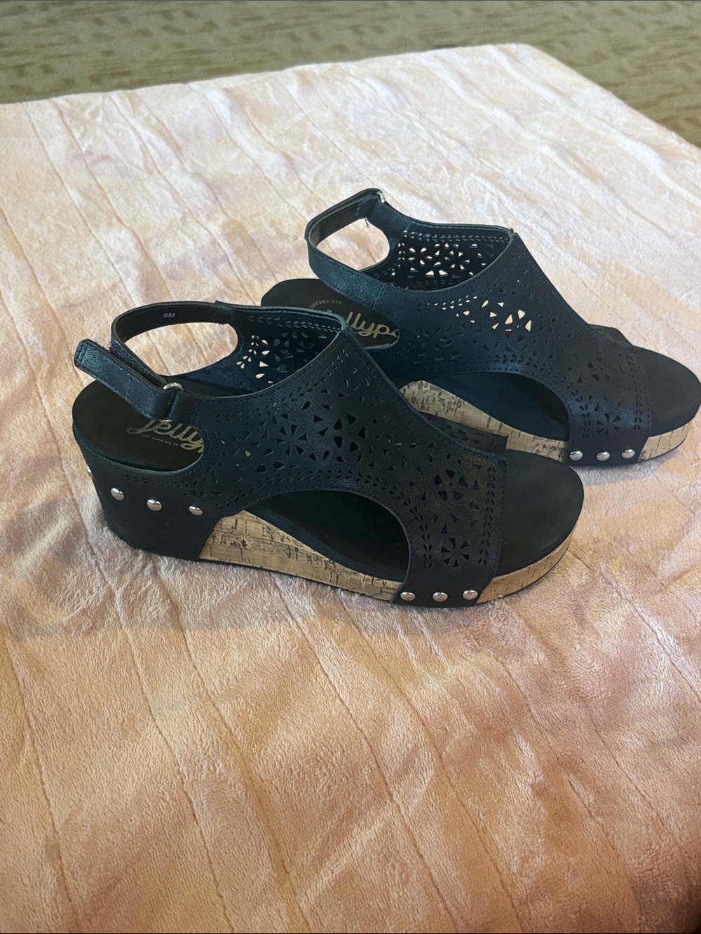 Jellypop Black Laser-Cut Cork Wedge Sandals with Stud Accents
